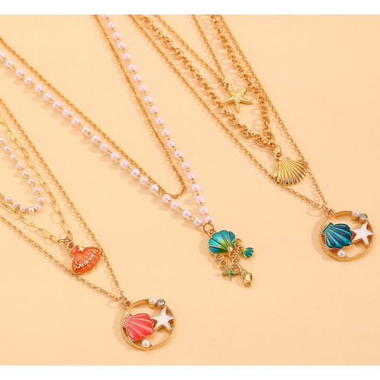 Shell Starfish Layered Necklace Set - Cute Cartoon Style, Multi-Layered Choker, Ocean & Holiday Vibes