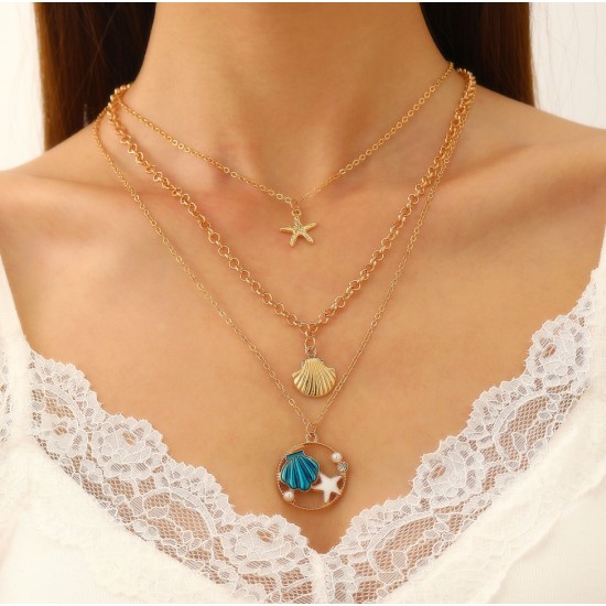 Shell Starfish Layered Necklace Set - Cute Cartoon Style, Multi-Layered Choker, Ocean & Holiday Vibes