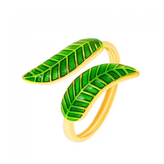 Simplified Leaf Ring, Drip Glaze Green Leaf Geometric Open Finger Ring