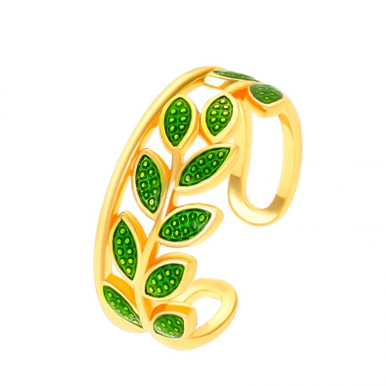 Simplified Leaf Ring, Drip Glaze Green Leaf Geometric Open Finger Ring