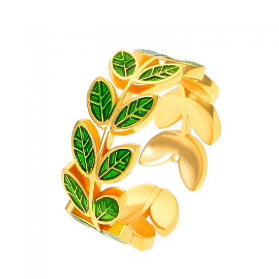 Simplified Leaf Ring, Drip Glaze Green Leaf Geometric Open Finger Ring