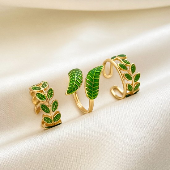 Simplified Leaf Ring, Drip Glaze Green Leaf Geometric Open Finger Ring