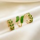 Simplified Leaf Ring, Drip Glaze Green Leaf Geometric Open Finger Ring