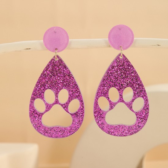 Sparkling Acrylic Drop Earrings - Cute Cat Paw Geometric Hollow Dangle Earrings