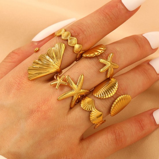 Starfish Seashell Ginkgo Leaf Ring, Ocean Holiday Style Ring