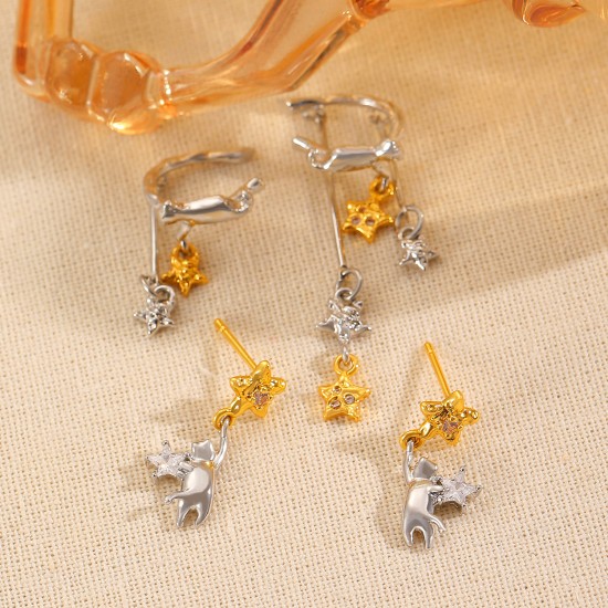 Starry Cat Ear Stud Tassel No Piercing Cartilage Cuff Earring Set