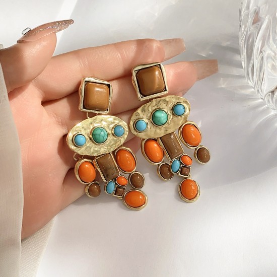 Turquoise Inlaid Geometric Long Drop Earrings - Vintage Luxury Alloy Plated Stud Earrings