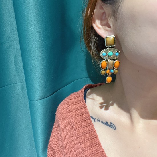 Turquoise Inlaid Geometric Long Drop Earrings - Vintage Luxury Alloy Plated Stud Earrings