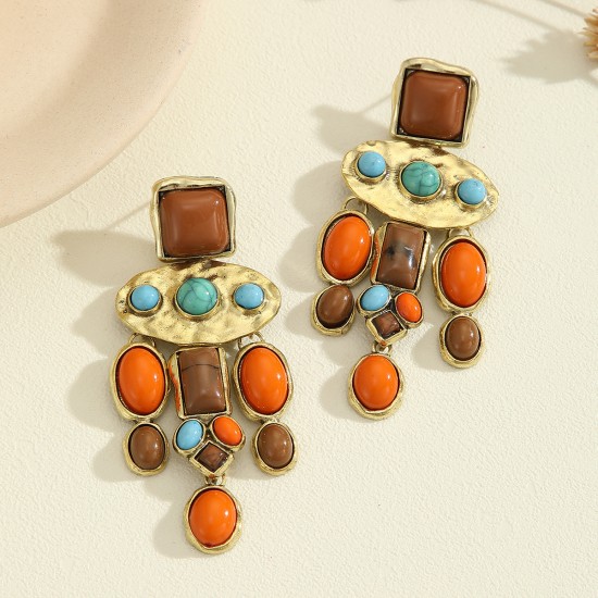 Turquoise Inlaid Geometric Long Drop Earrings - Vintage Luxury Alloy Plated Stud Earrings