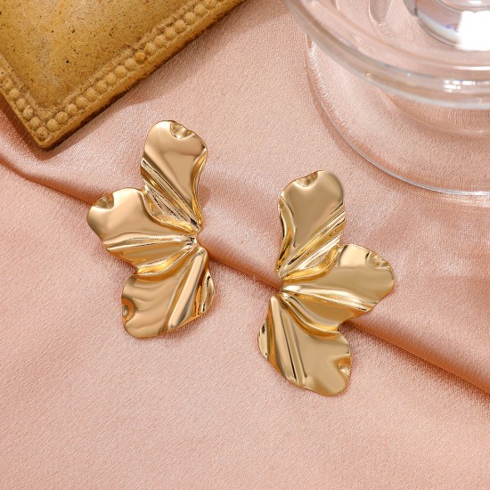 Vintage Matte Gold Floral Stud Earrings - Irregular Alloy Petal Design Earrings